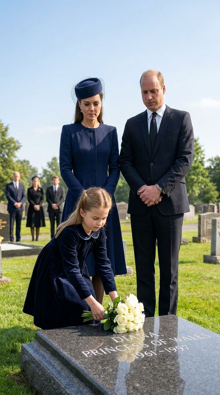 Thay đổi trang phục khác cho công nương Kate và công chúa Charlotte. Không gian trời nắng ráo không có mưa. Thêm hoàng tử William mặc vest đen, khuôn mặt buồn bã. Công cháu Charlotte ngồi xuống đặt hoa xuống mộ. Xung quanh có thêm vài người .