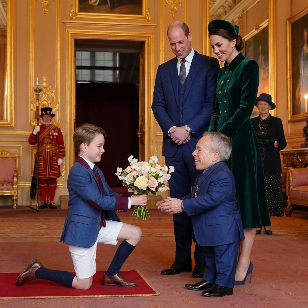 Hoàng tử Geogre thay thế vị trí của công chúa Charlotte để tặng hoa cho Warwick Davis. Thay đổi trang phục hoàng gia Anh cho công nương Kate và hoàng tử William. Không gian trong cung điện hoàng gia.