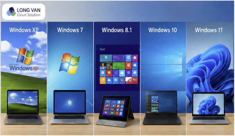 Minh họa các phiên bản Windows phổ biến gồm Windows XP, Windows 7, Windows 8.1, Windows 10 và Windows 11.