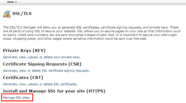 Vào Manage SSL site