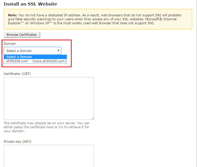 Chọn Domain cần cài đặt SSL