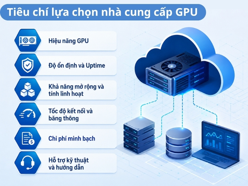 Các tiêu chí như hiệu năng GPU, độ ổn định, khả năng mở rộng cần được đánh giá trước khi lựa chọn Cloud GPU