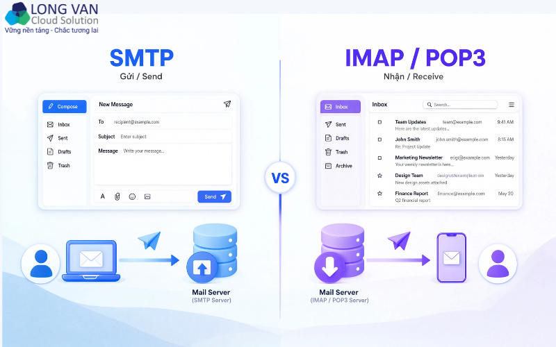 Sơ đồ so sánh SMTP (Gửi) vs IMAP/POP3 (Nhận)