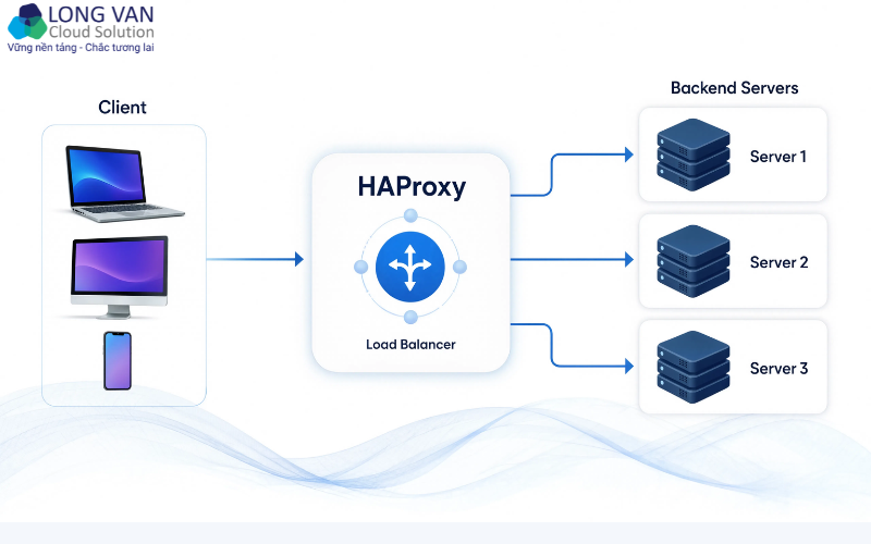 Sơ đồ kiến trúc cơ bản của HA Proxy (Client → HA Proxy → Backend Servers)