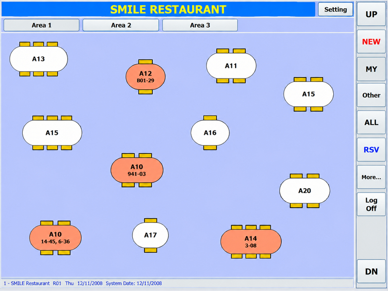 Giao diện Smile Restaurant hiển thị sơ đồ bàn ăn và trạng thái bàn, hỗ trợ nhân viên quản lý khu vực phục vụ trong nhà hàng